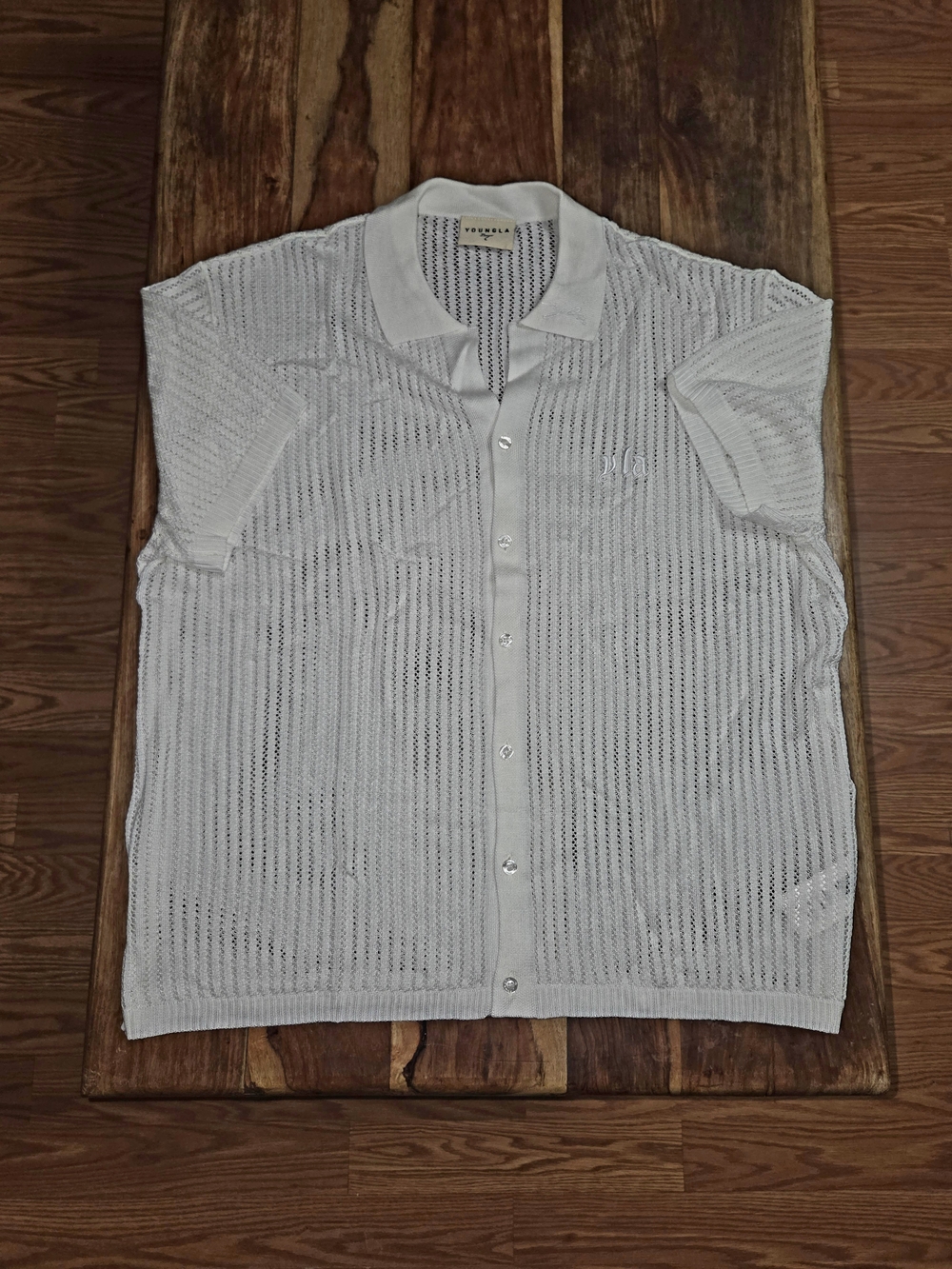 YoungLA White Open-Knit Short Sleeve Button-Down Shirt - Picture 2 of 6